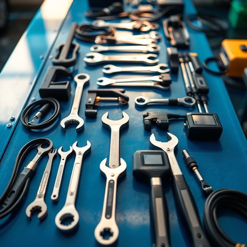 Ferramentas automotivas de precisão organizadas sobre superfície metálica azul-escuro