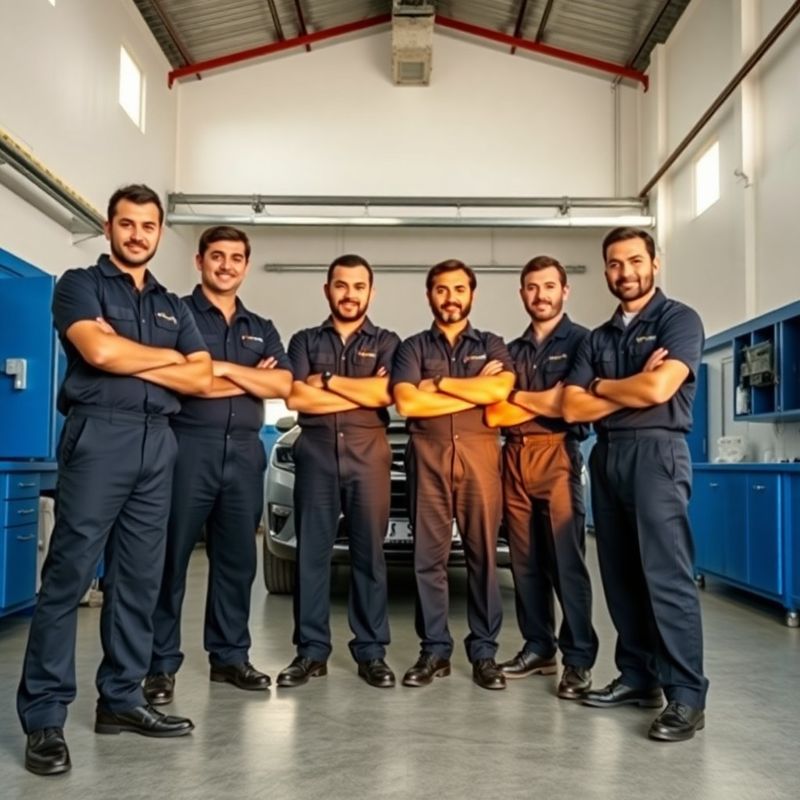 Equipe de oito mecânicos do Moderno Atelier em uniforme escuro dentro da oficina