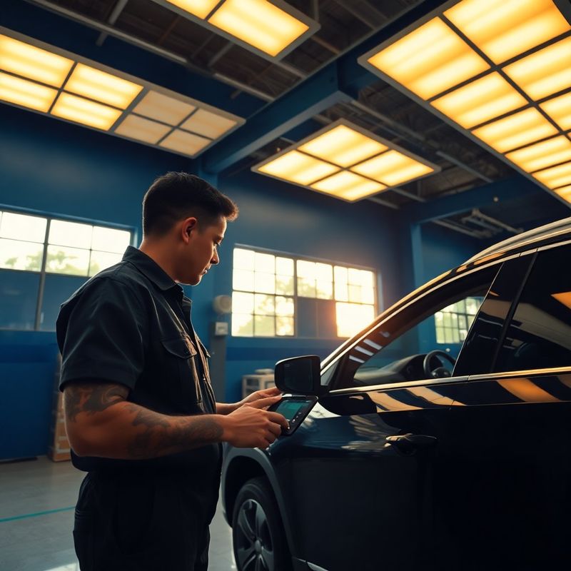 Mecânico utilizando scanner eletrônico em um SUV moderno dentro da oficina Moderno Atelier
